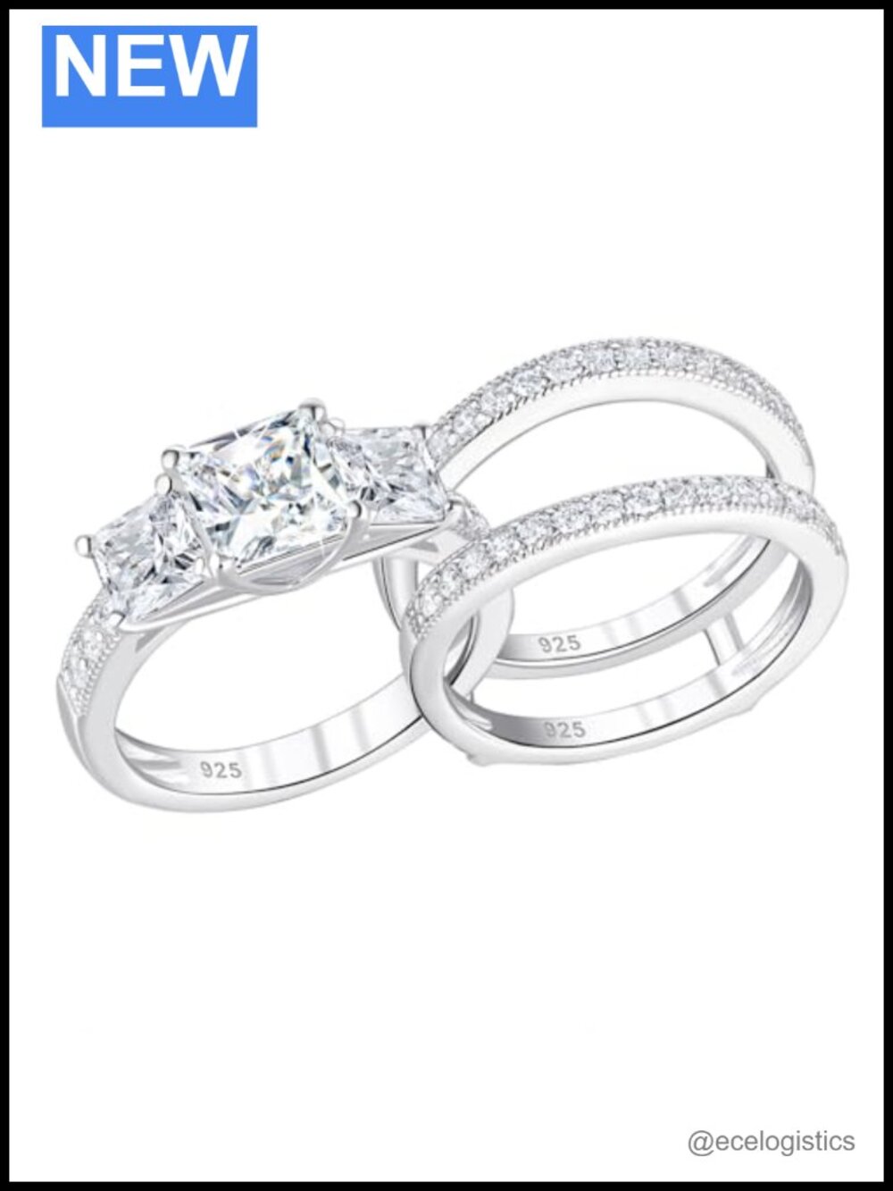 SHELOVES 925 Sterling Silver Three-Stone Princess CZ Wedding Rings Set